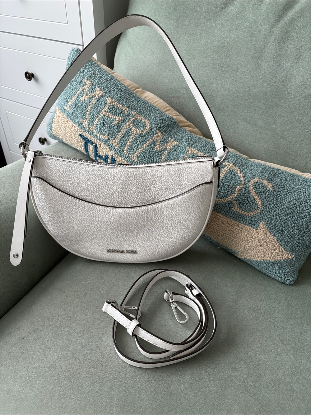 Michael Kors White Pebbled Leather Crescent Shoulder Bag with Removable Strap